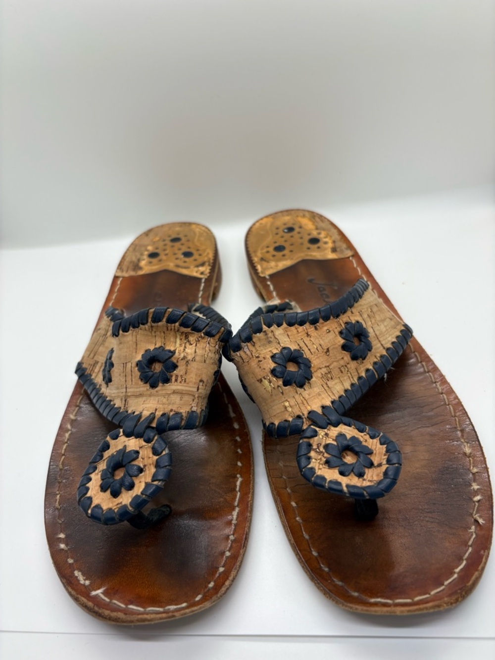 Jack Rogers Handcrafted Cork and Black Leather Flower Toe-Loop Sandals